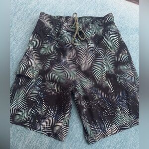 George Black and Green Leaf Print Men's Swim Shorts